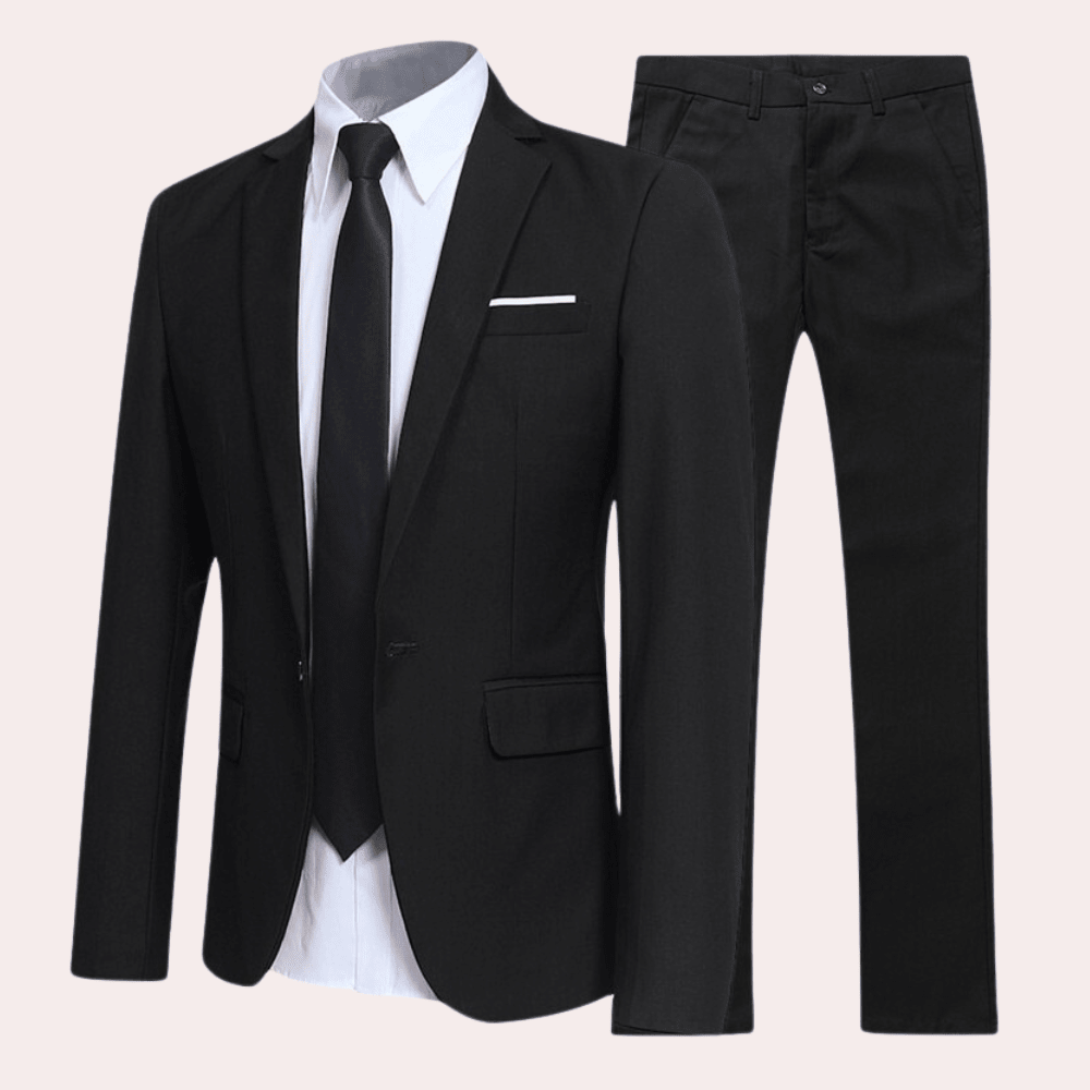 Men's black modern cut two-piece suit set, perfect for formal business events, featuring a tailored fit and elegant design. 0